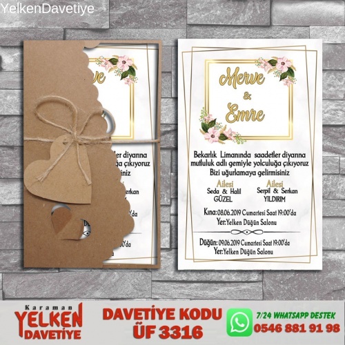 1000 Adet Flower Kraft Zarflı Davetiye Modeli