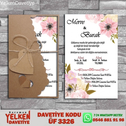 1000 Adet Flower Kraft Zarflı Davetiye Modeli