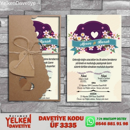 1000 Adet Flower Kraft Zarflı Davetiye Modeli