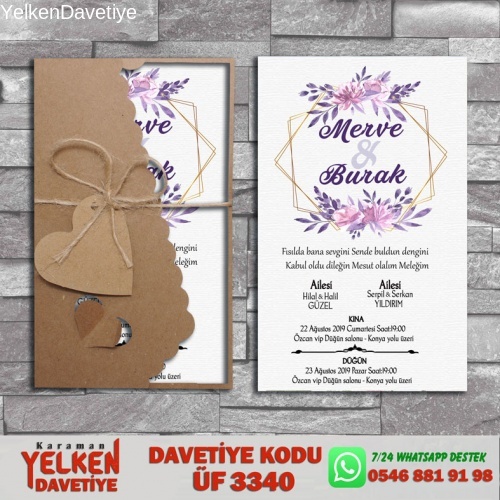 1000 Adet Flower Kraft Zarflı Davetiye Modeli