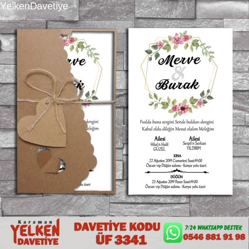 1000 Adet Flower Kraft Zarflı Davetiye Modeli