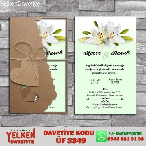 1000 Adet Flower Kraft Zarflı Davetiye Modeli