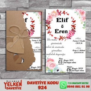 1000 Adet Flower Kraft Zarflı Davetiye Modeli