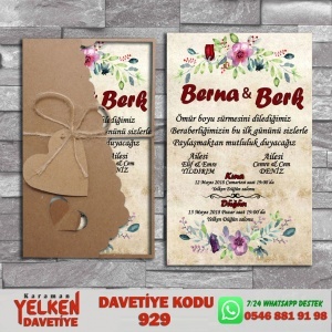 1000 Adet Flower Kraft Zarflı Davetiye Modeli