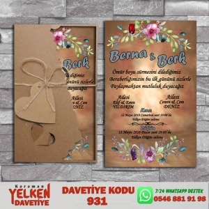 1000 Adet Flower Kraft Zarflı Davetiye Modeli