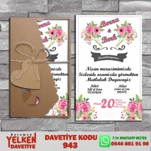 1000 Adet Flower Kraft Zarflı Davetiye Modeli