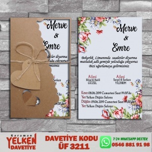 1000 Adet Flower Kraft Zarflı Davetiye Modeliv